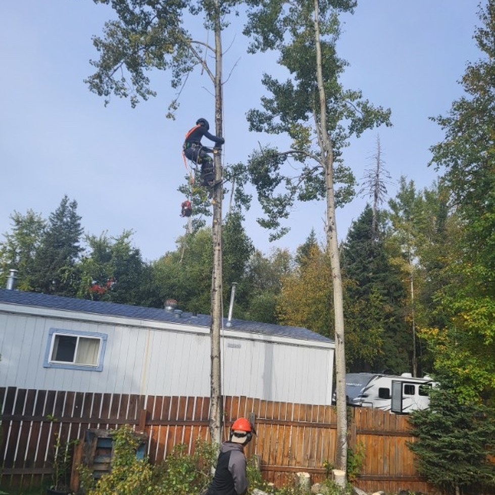 Climber working high above a home